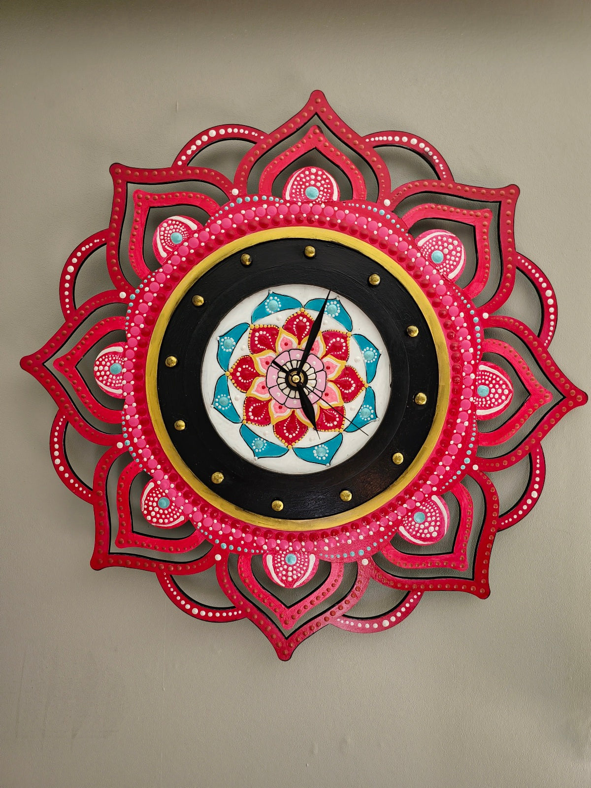 Mystic Aura: Unique Hand-Painted Red Mandala Clock