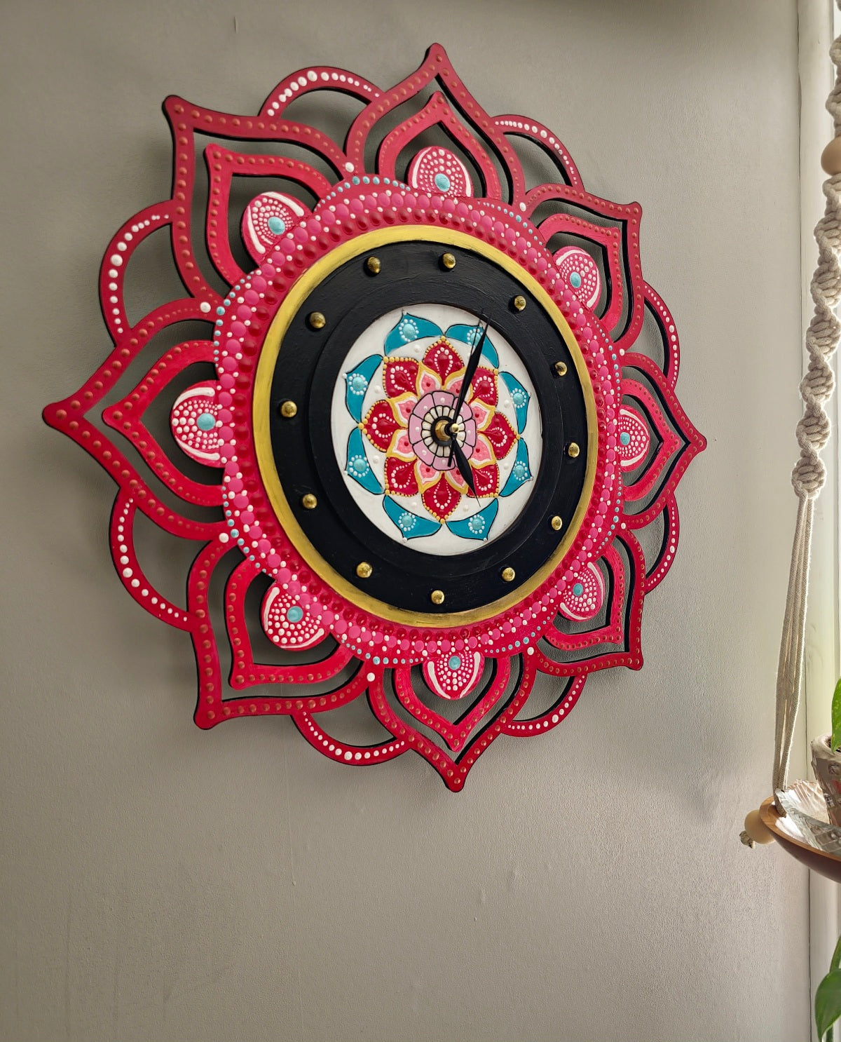 Mystic Aura: Unique Hand-Painted Red Mandala Clock