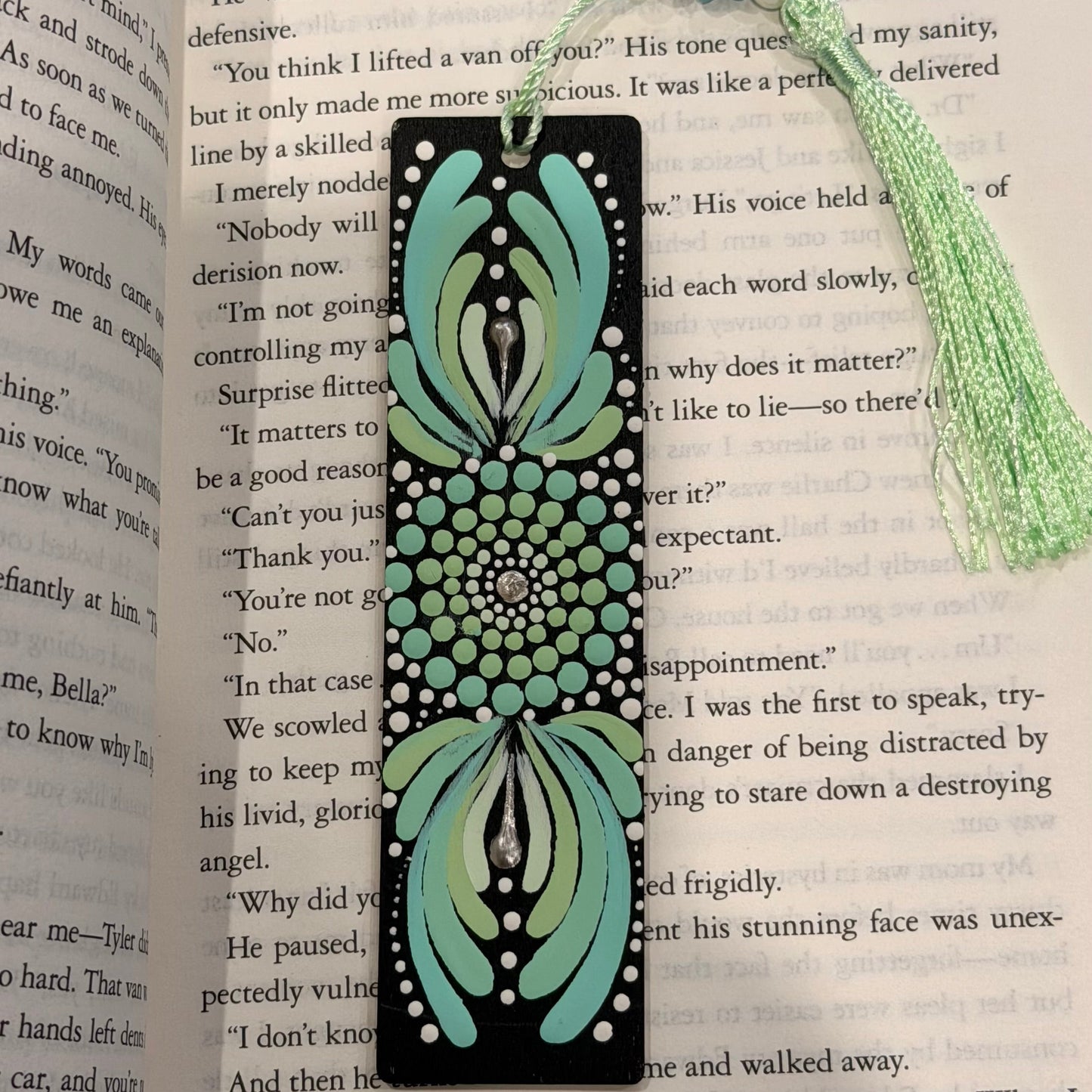 Hand-Painted Mint Mandala Wooden Bookmark