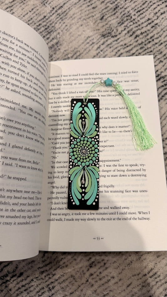 Hand-Painted Mint Mandala Wooden Bookmark – Unique Artisan Stationery