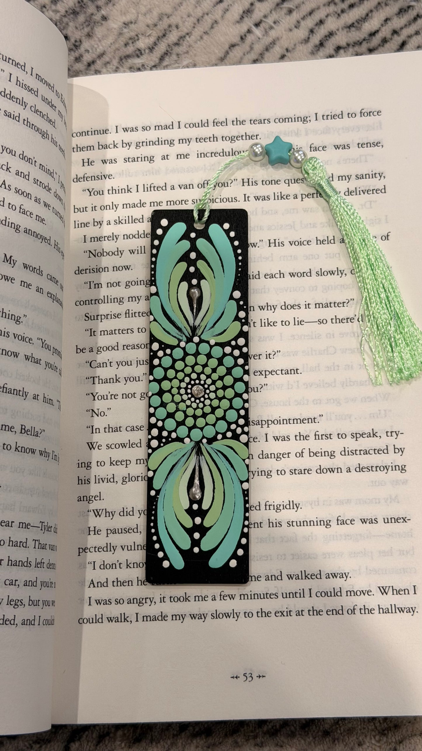 Hand-Painted Mint Mandala Wooden Bookmark – Unique Artisan Stationery