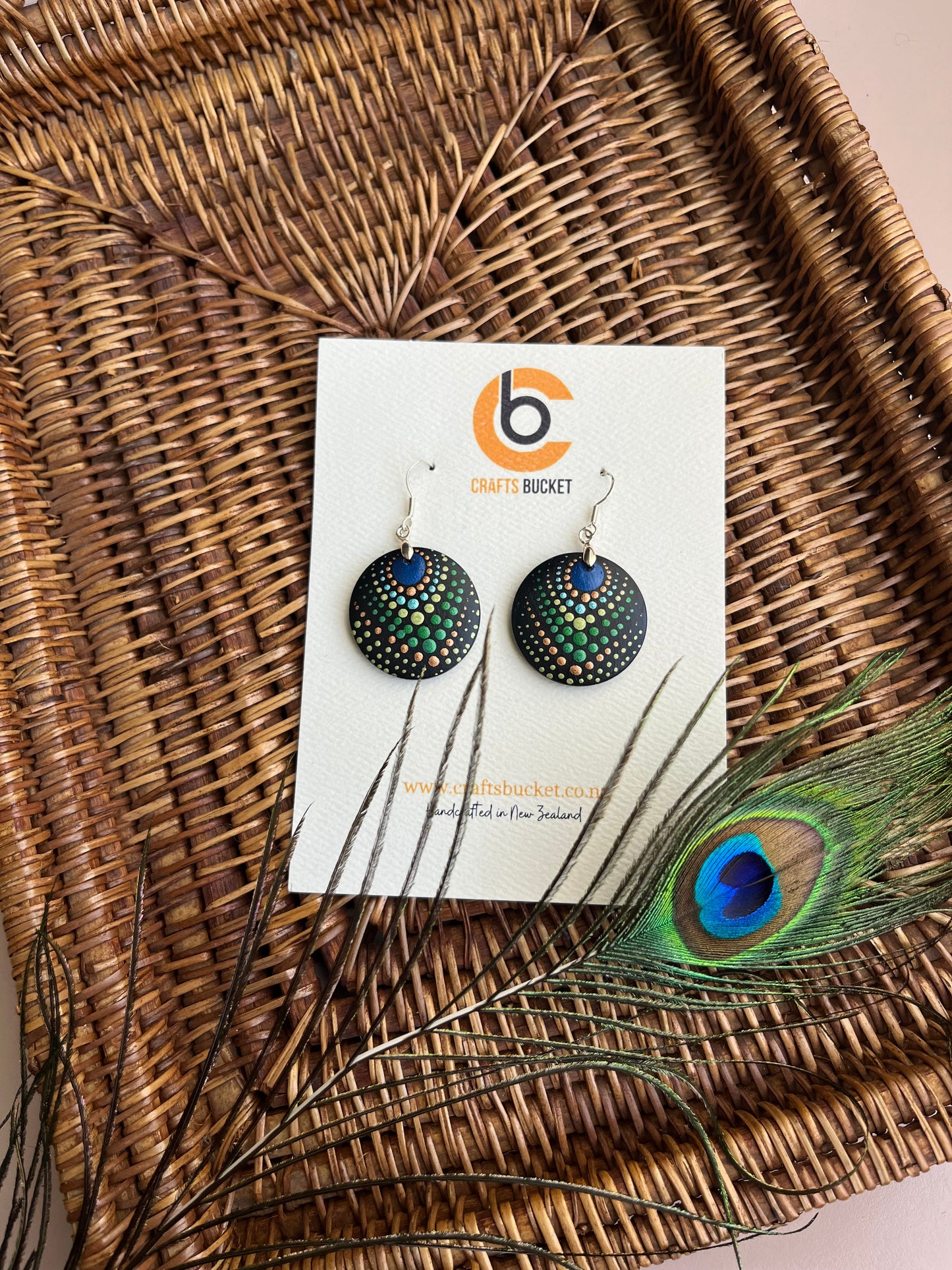 Hand painted Peacock Inspired Dot Mandala Earrings
