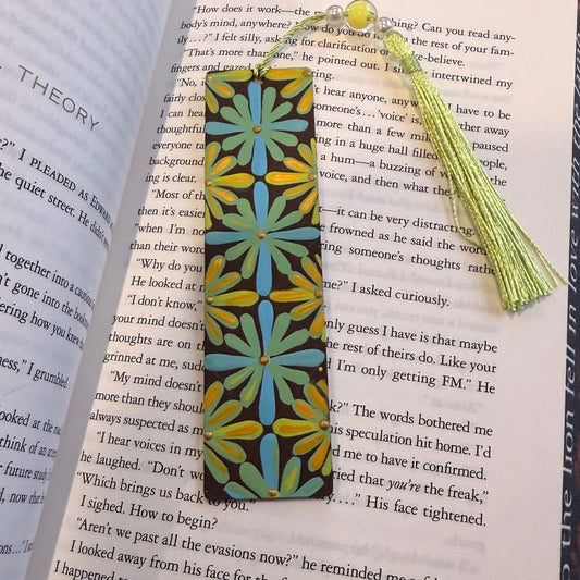 yellow and blue hues of hand painted mandala inspired wooden bookmark