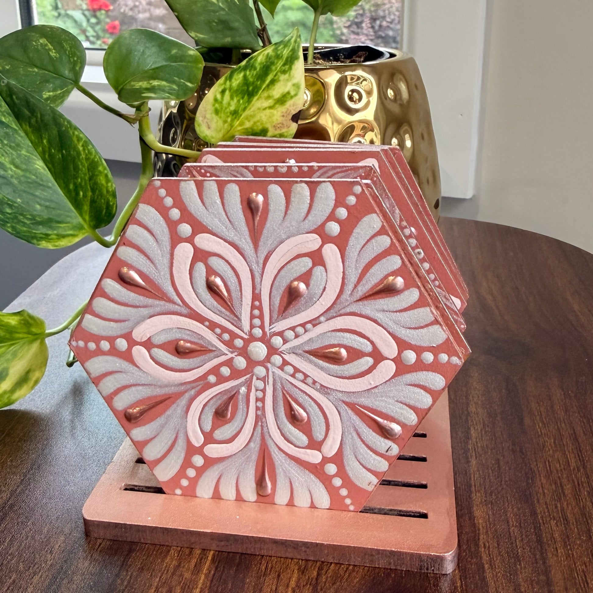 Hand painted mandala wooden coasters set