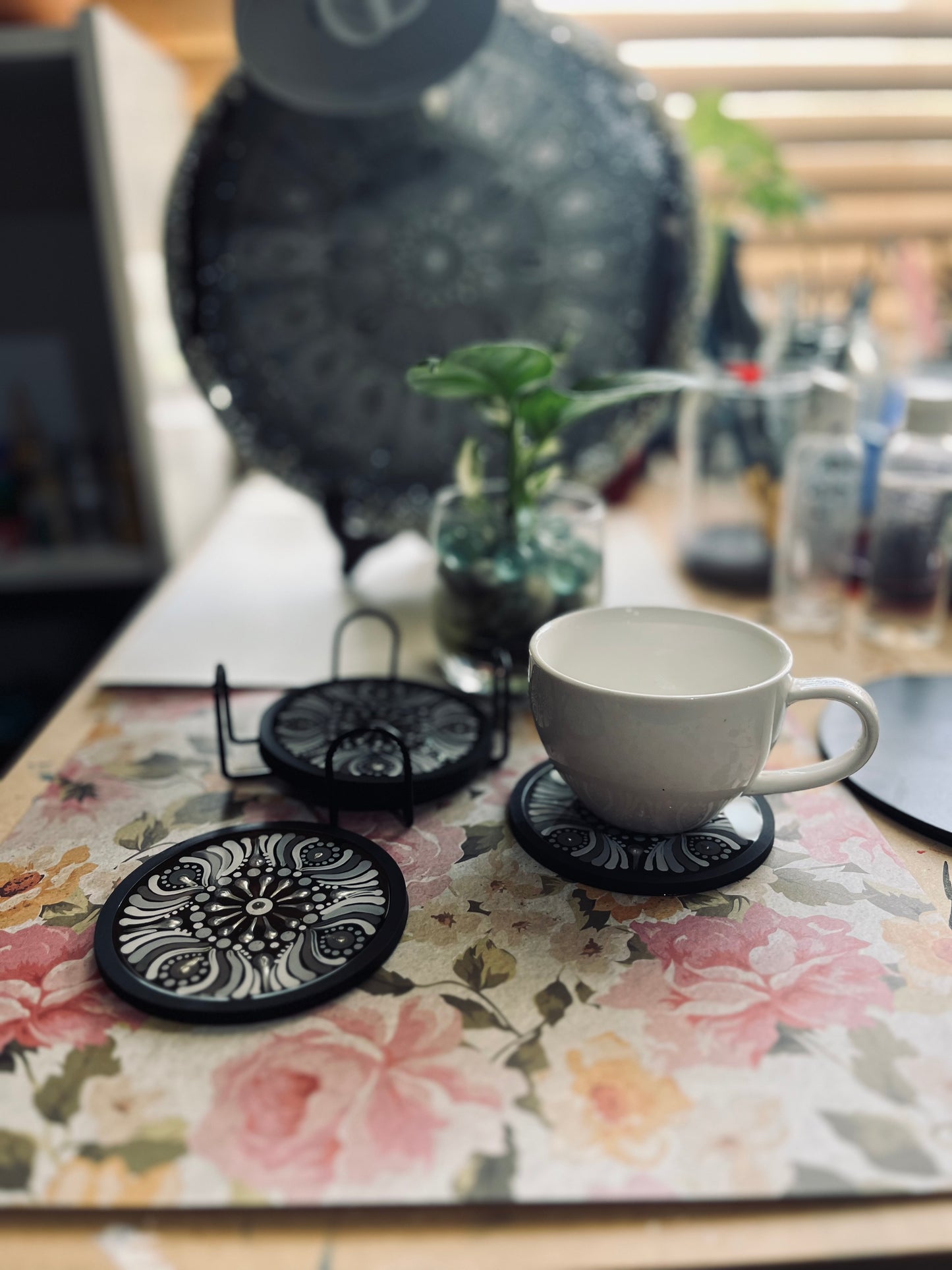 Hand Painted Silicone Base Resin Coated Mandala Coasters (Set of 4)