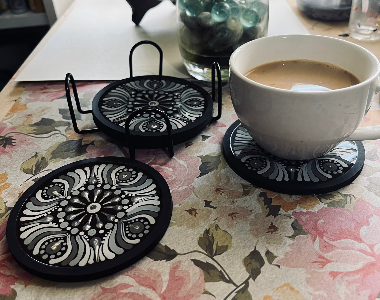 Hand Painted Silicone Base Resin Coated Mandala Coasters (Set of 4)