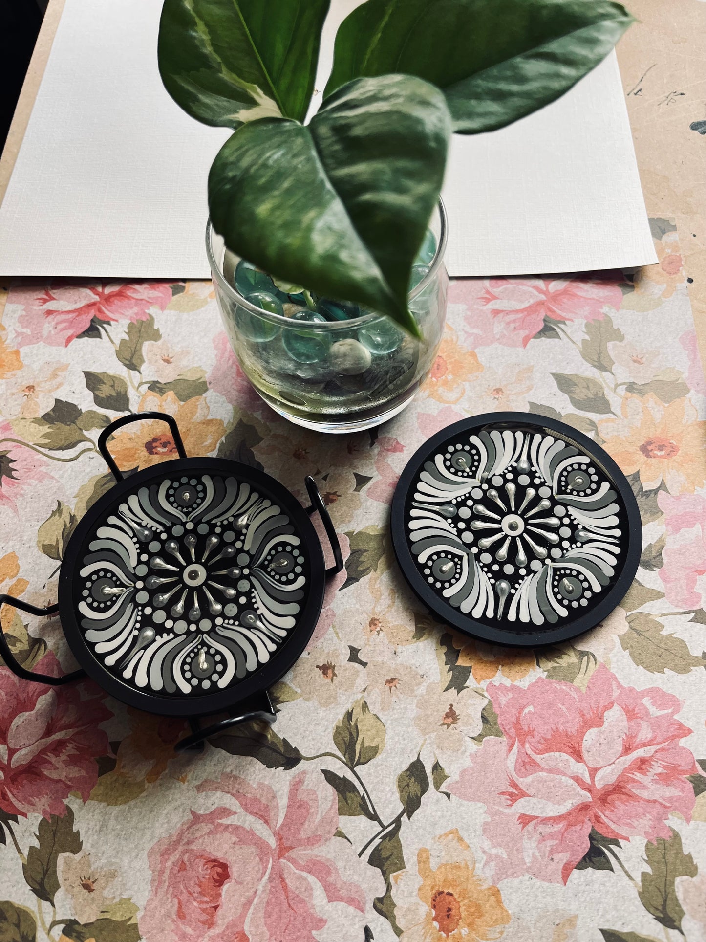 Hand Painted Silicone Base Resin Coated Mandala Coasters (Set of 4)