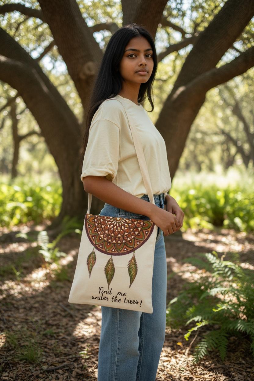 Hand-Painted Canvas Sling Tote Bags with Inner Pocket